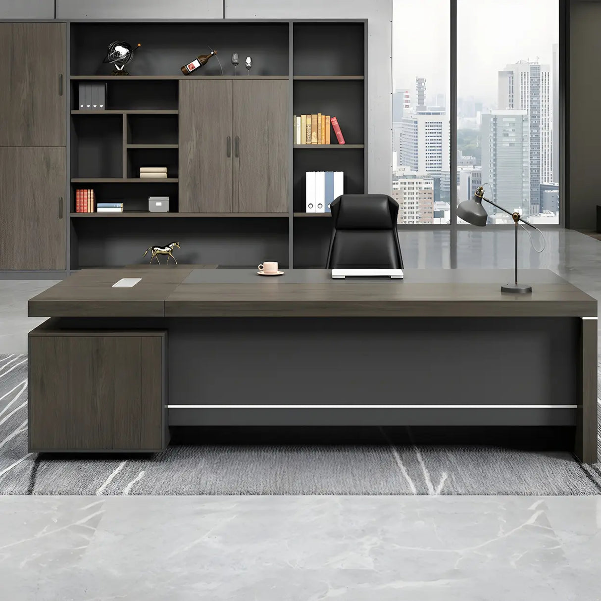 Brown Grey Wood L-Shape Executive Desk with Cabinet Image - 3