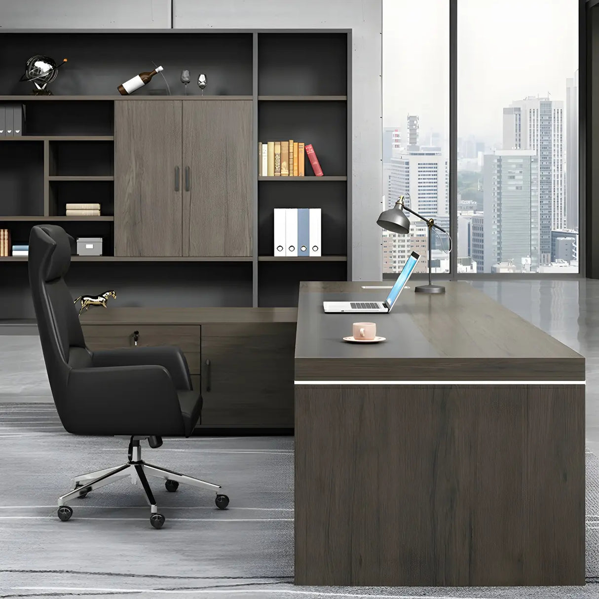 Brown Grey Wood L-Shape Executive Desk with Cabinet Image - 4