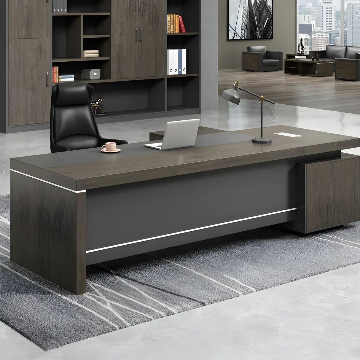Brown Grey Wood L-Shape Executive Desk with Cabinet Image - 5