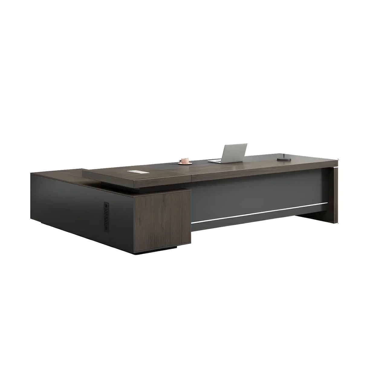 Brown Grey Wood L-Shape Executive Desk with Cabinet Image - 6