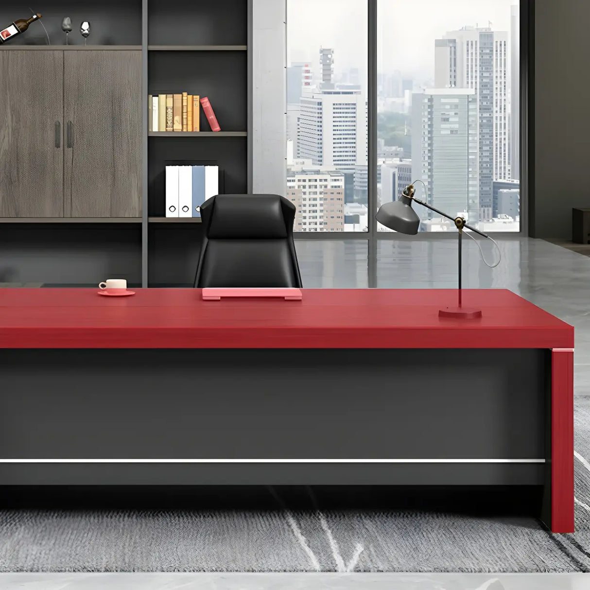 Brown Grey Wood L-Shape Executive Desk with Cabinet Image - 7