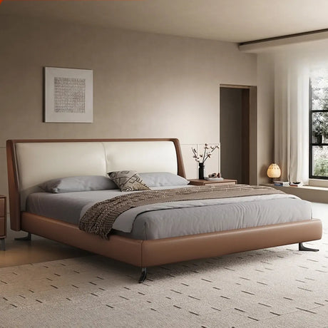 Brown King Headboard Leather Upholstered Panel Bed Image - 1