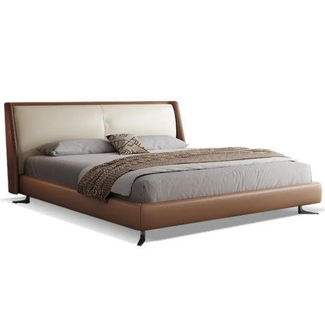 Brown King Headboard Leather Upholstered Panel Bed Image - 2