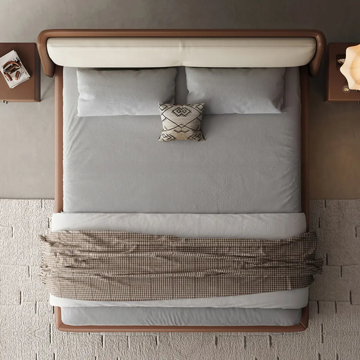 Brown King Headboard Leather Upholstered Panel Bed Image - 3