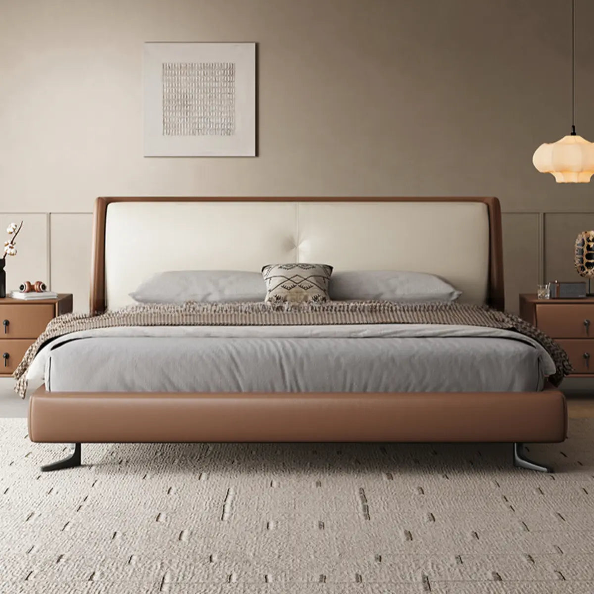 Brown King Headboard Leather Upholstered Panel Bed Image - 4