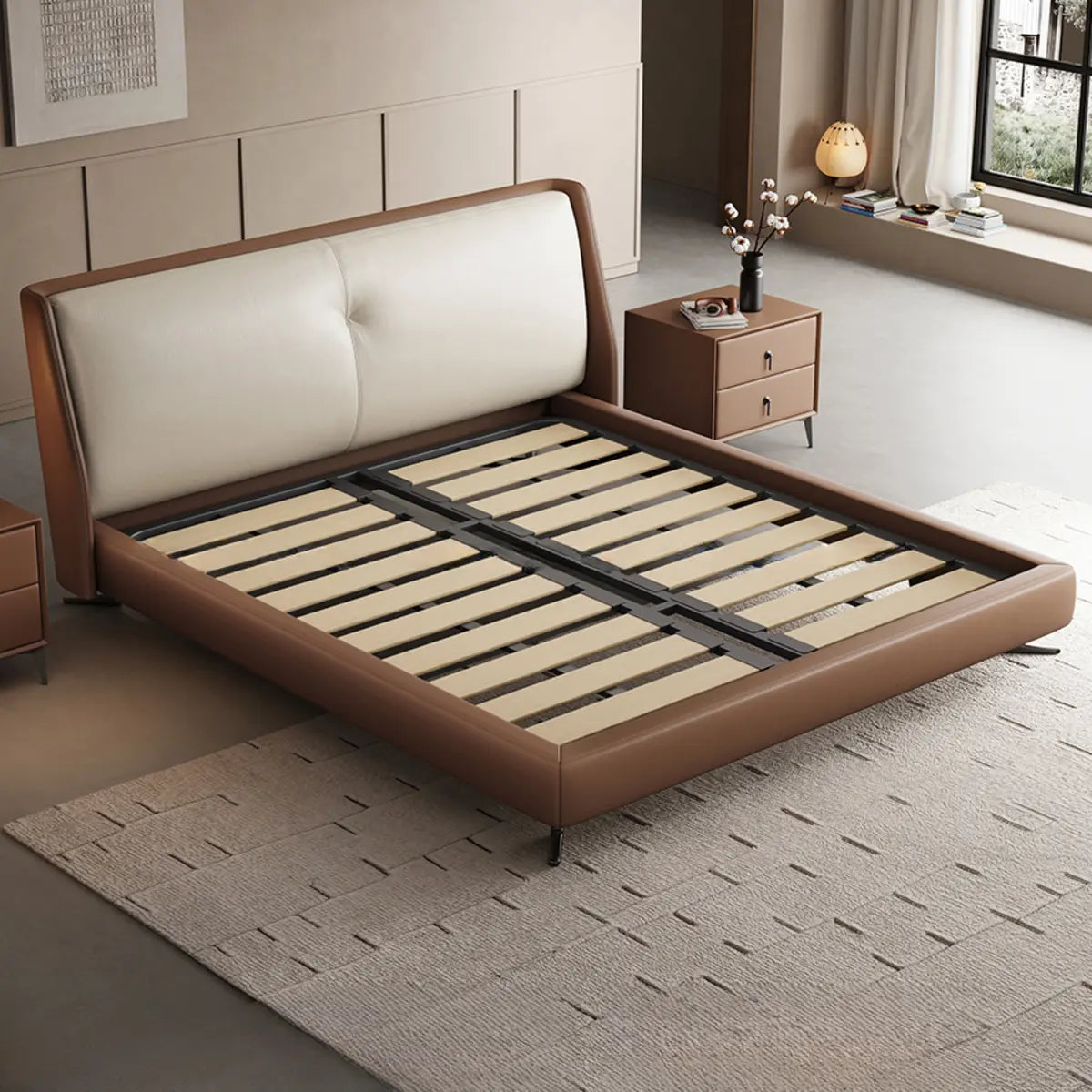 Brown King Headboard Leather Upholstered Panel Bed Image - 5
