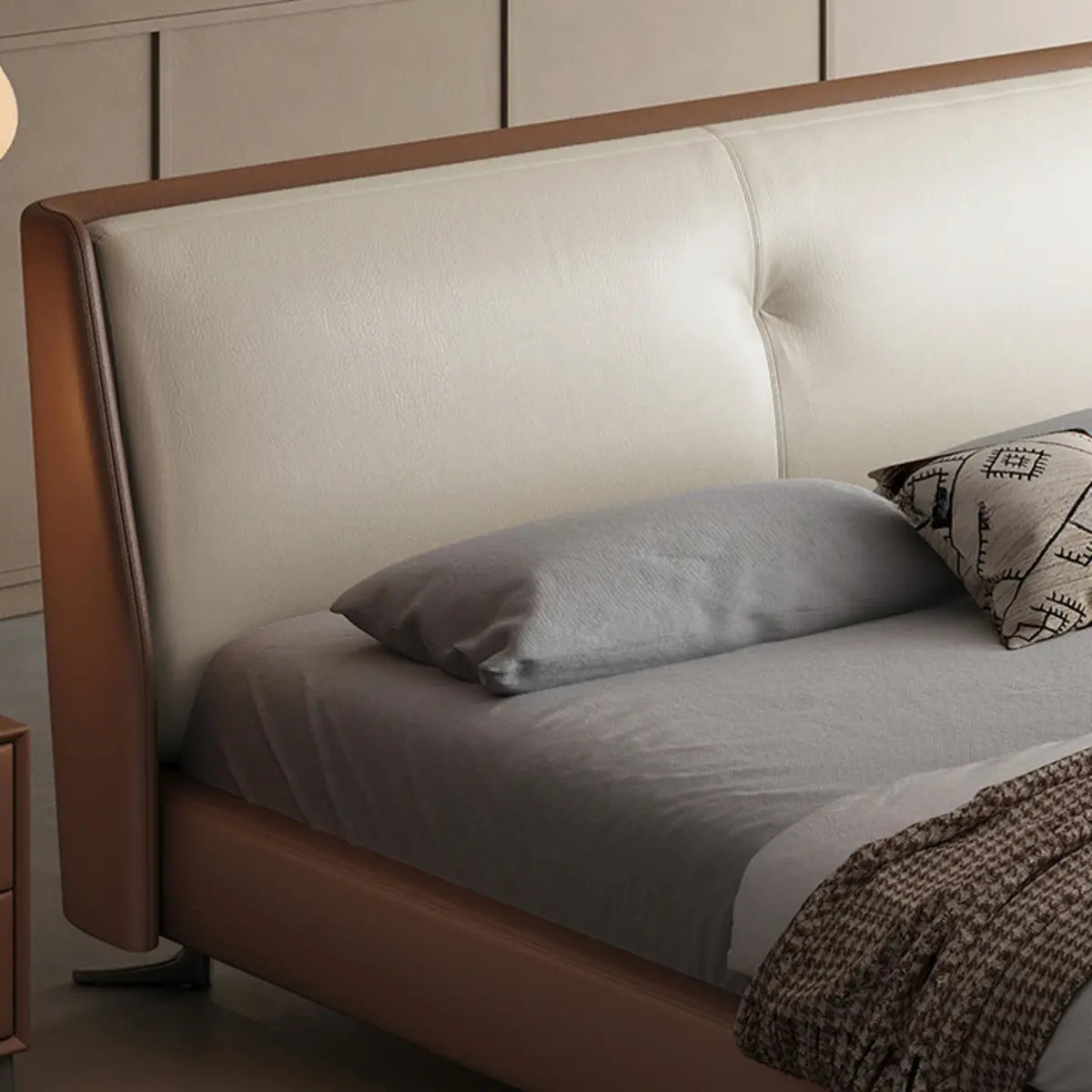 Brown King Headboard Leather Upholstered Panel Bed Image - 6