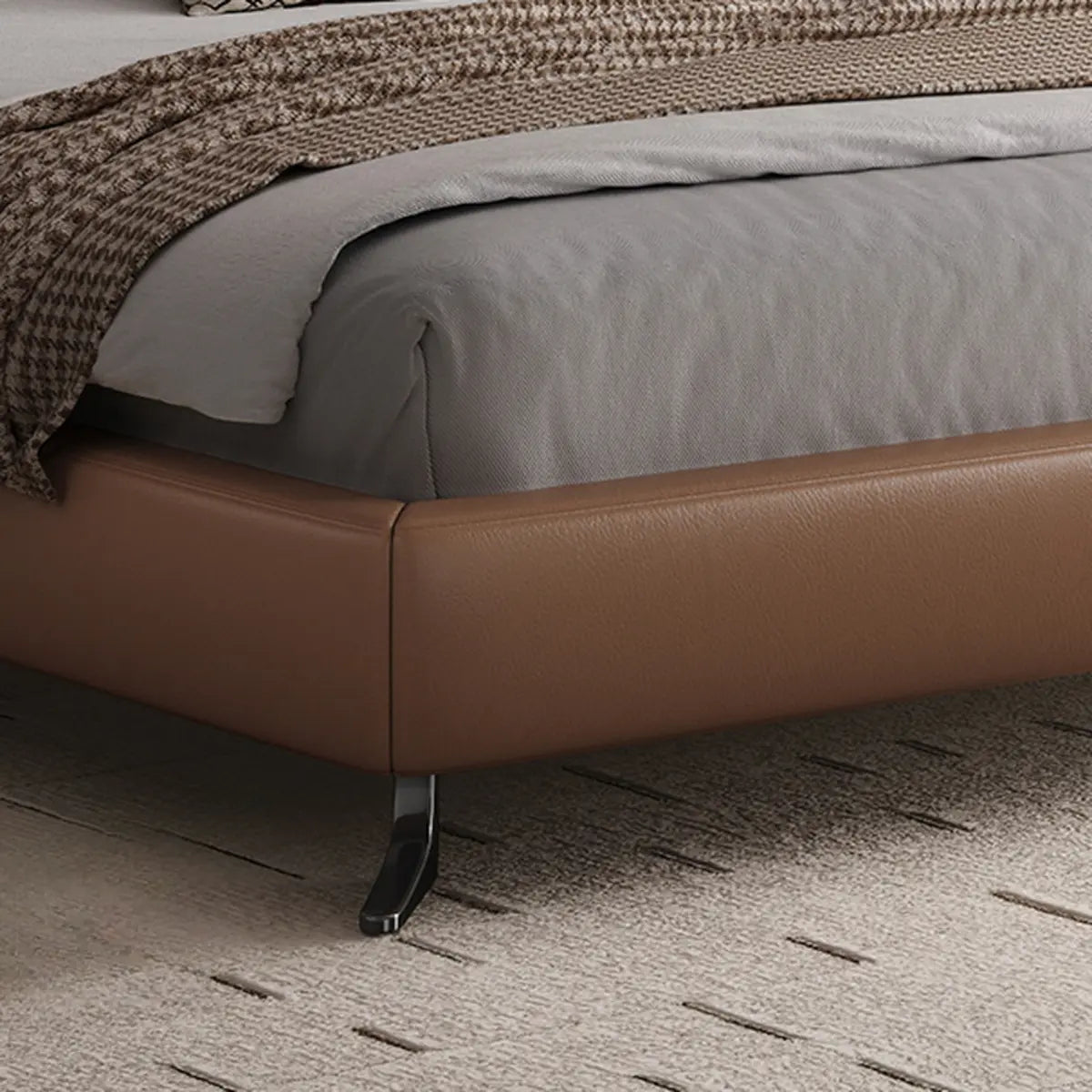Brown King Headboard Leather Upholstered Panel Bed Image - 8