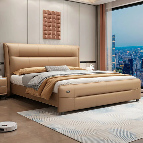 Brown King Leather Upholstered Panel Bed with Headboard Image - 1