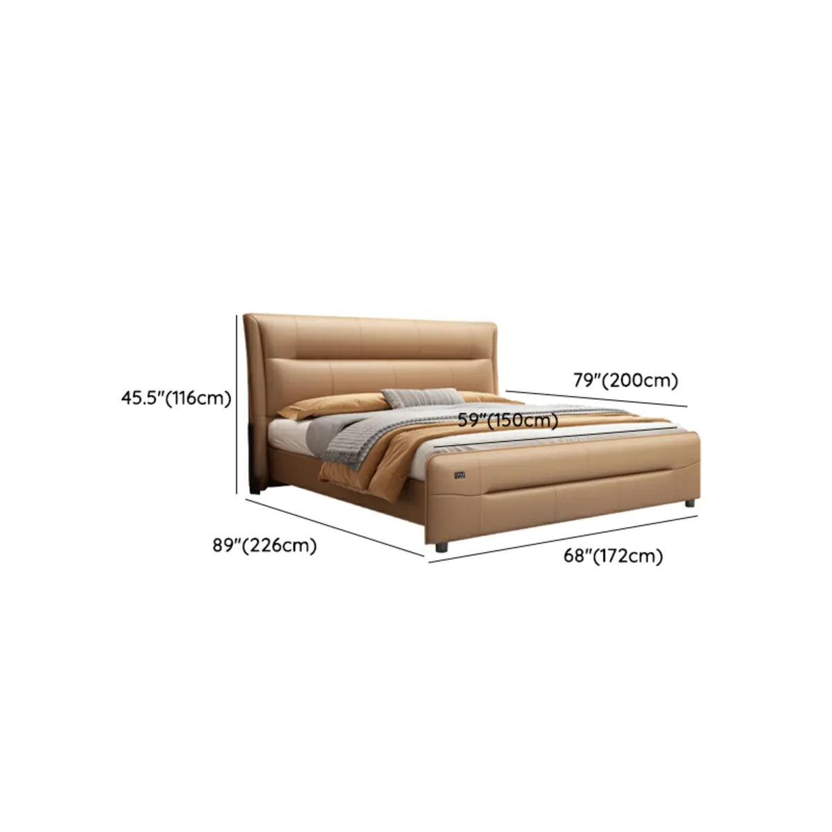 Brown King Leather Upholstered Panel Bed with Headboard 