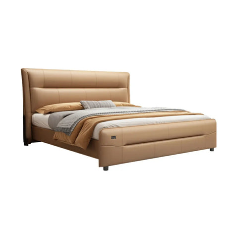 Brown King Leather Upholstered Panel Bed with Headboard Image - 2
