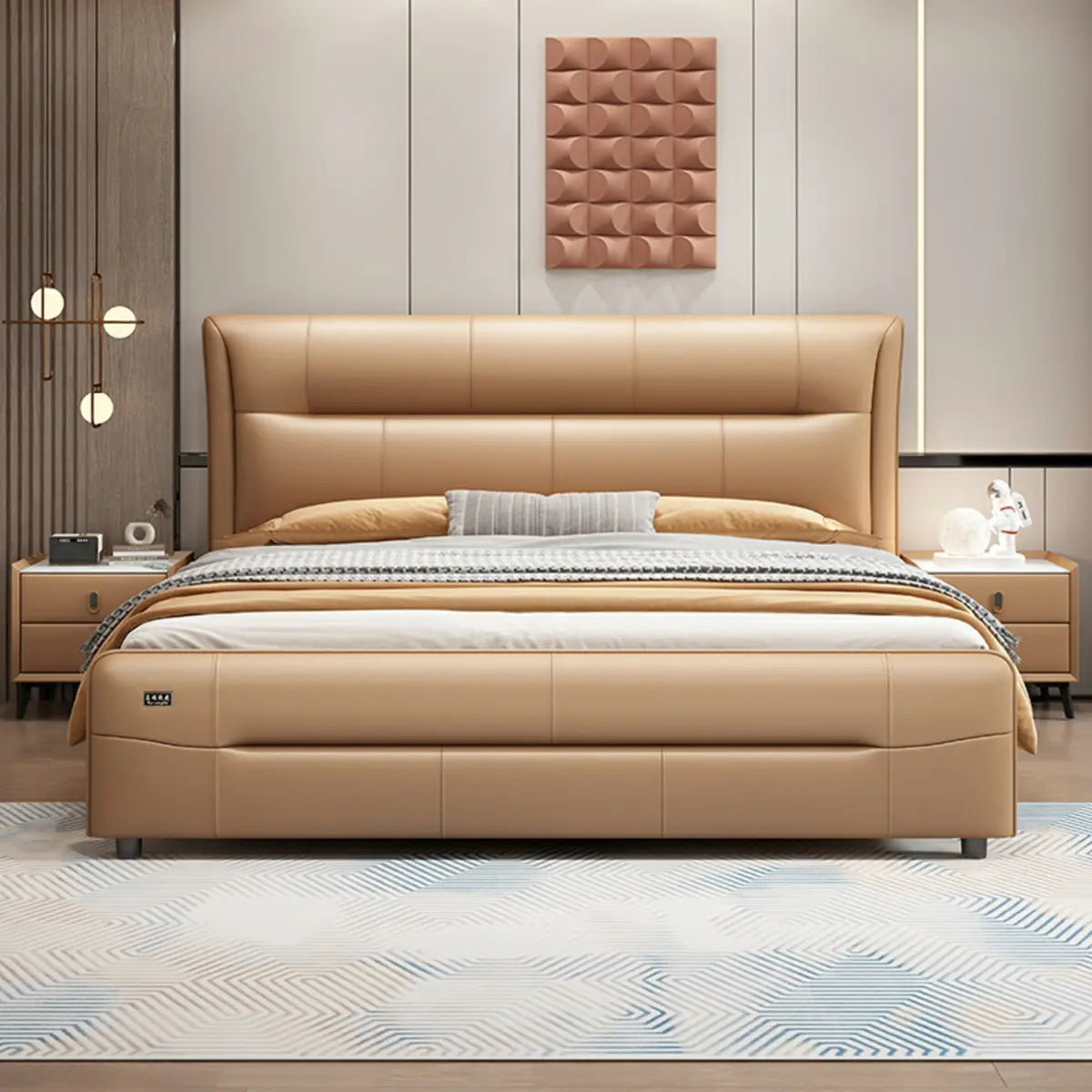 Brown King Leather Upholstered Panel Bed with Headboard Image - 3
