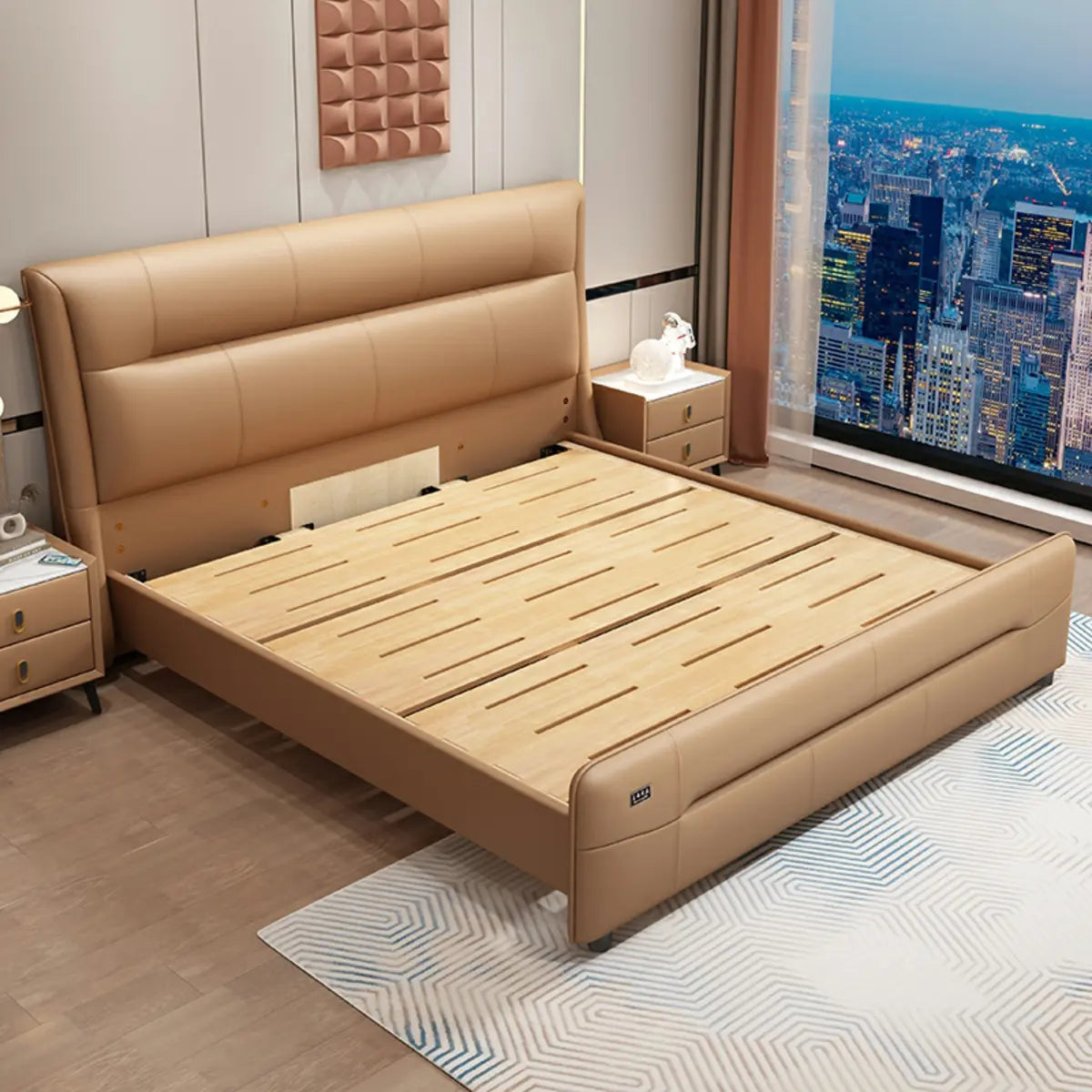 Brown King Leather Upholstered Panel Bed with Headboard Image - 4