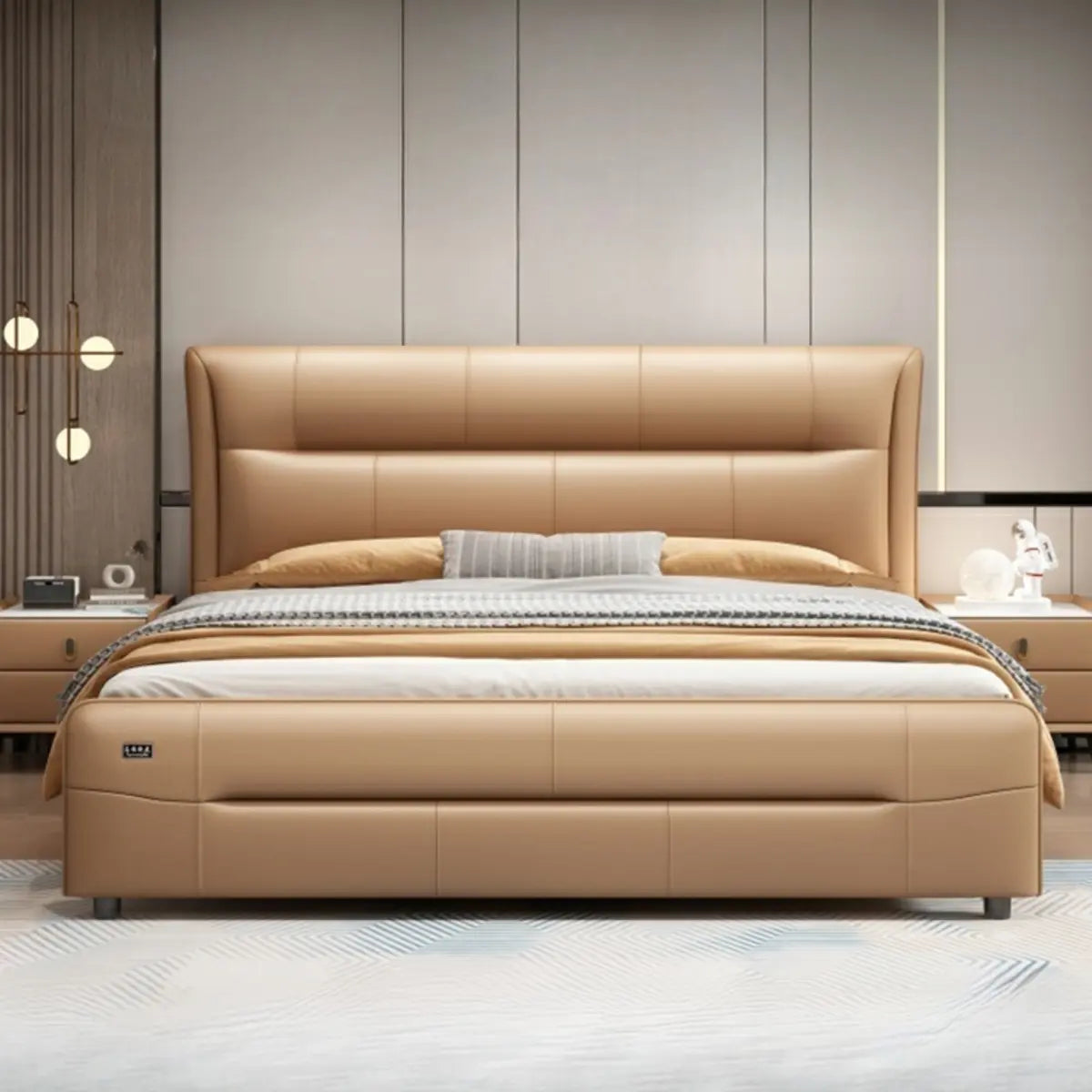 Brown King Leather Upholstered Panel Bed with Headboard Image - 5