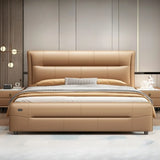 Brown King Leather Upholstered Panel Bed with Headboard Image - 5