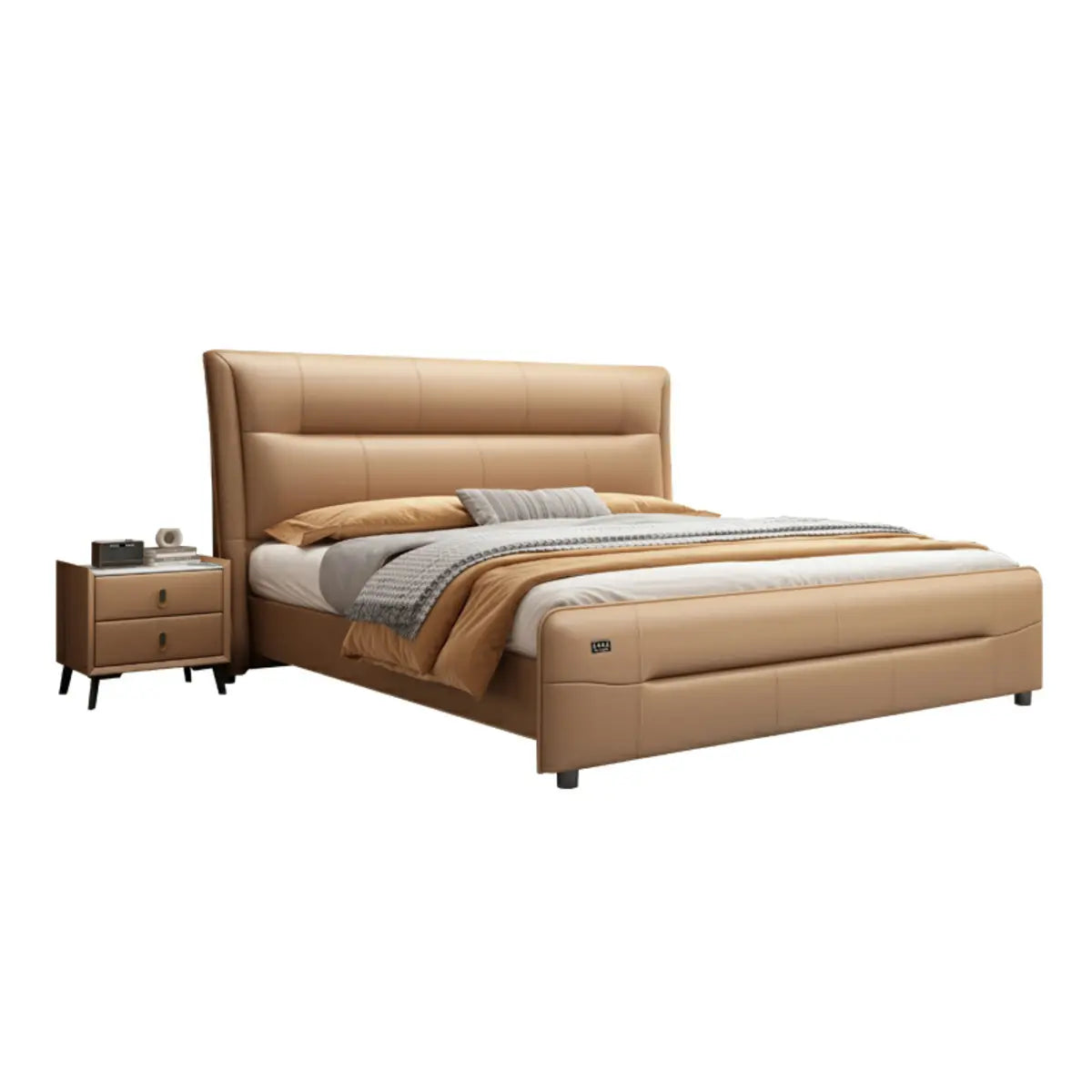 Brown King Leather Upholstered Panel Bed with Headboard Image - 6