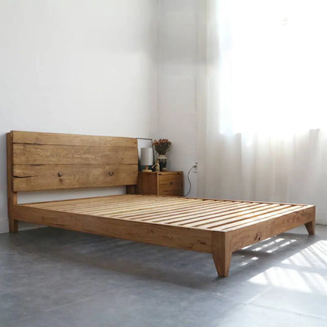 Brown King Wooden Headboard Minimalist Panel Bed Frame Image - 1