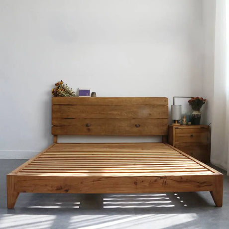 Brown King Wooden Headboard Minimalist Panel Bed Frame Image - 2