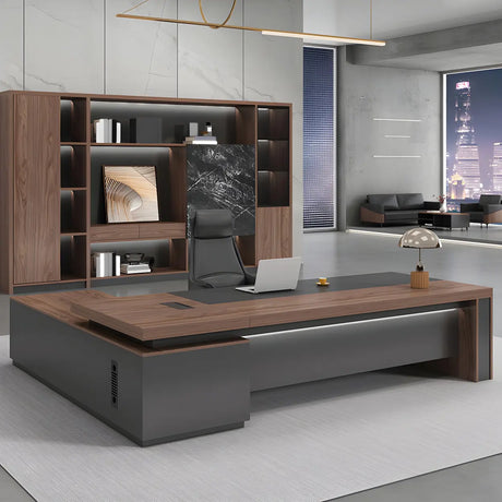 Brown L-Shape Manufactured Wood Long Executive Desk Image - 1