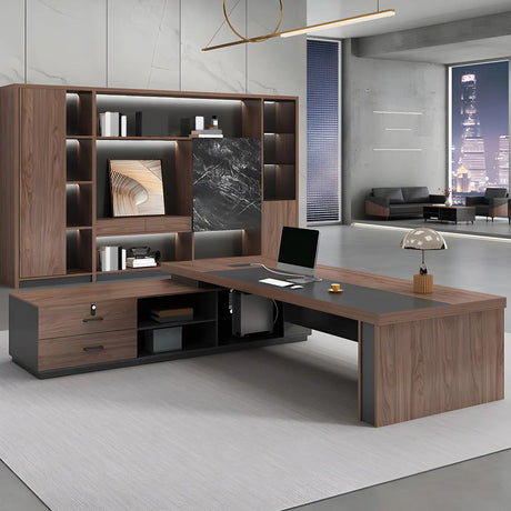 Brown L-Shape Manufactured Wood Long Executive Desk Image - 2