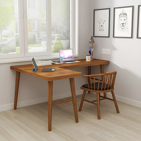 Brown L-Shape Pine Wood H-Shaped Base Writing Desk Image - 1