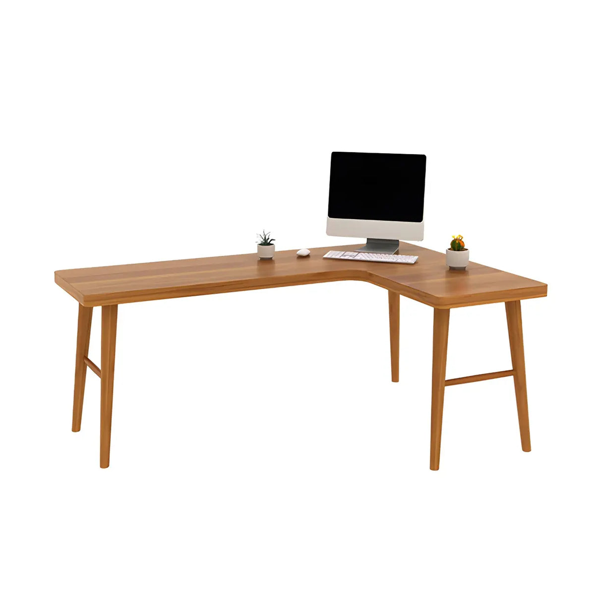Brown L-Shape Pine Wood H-Shaped Base Writing Desk Image - 10