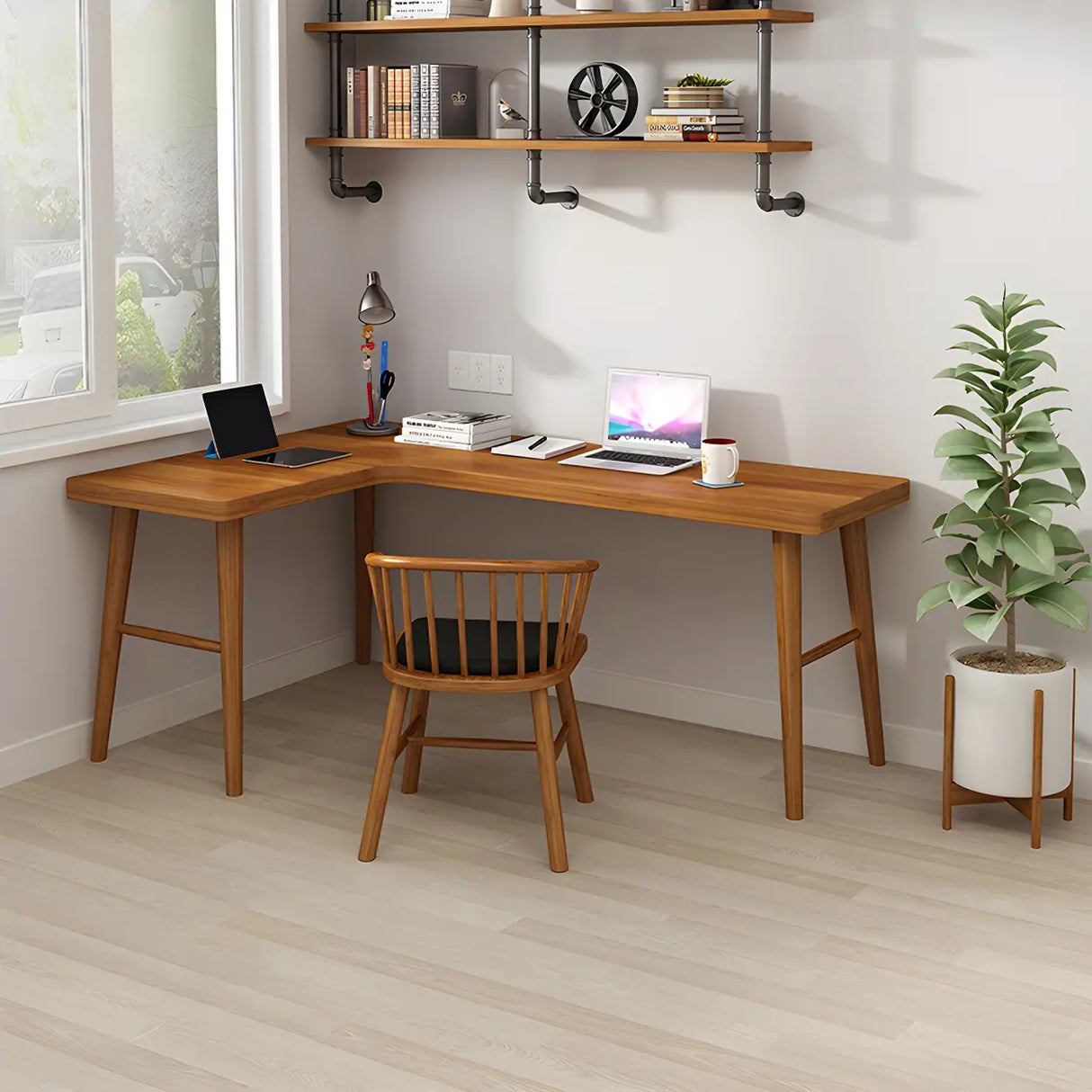 Brown L-Shape Pine Wood H-Shaped Base Writing Desk Image - 11