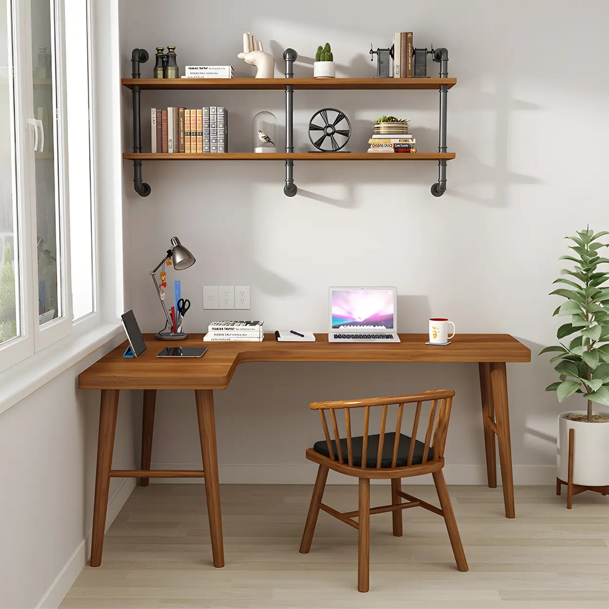 Brown L-Shape Pine Wood H-Shaped Base Writing Desk Image - 12