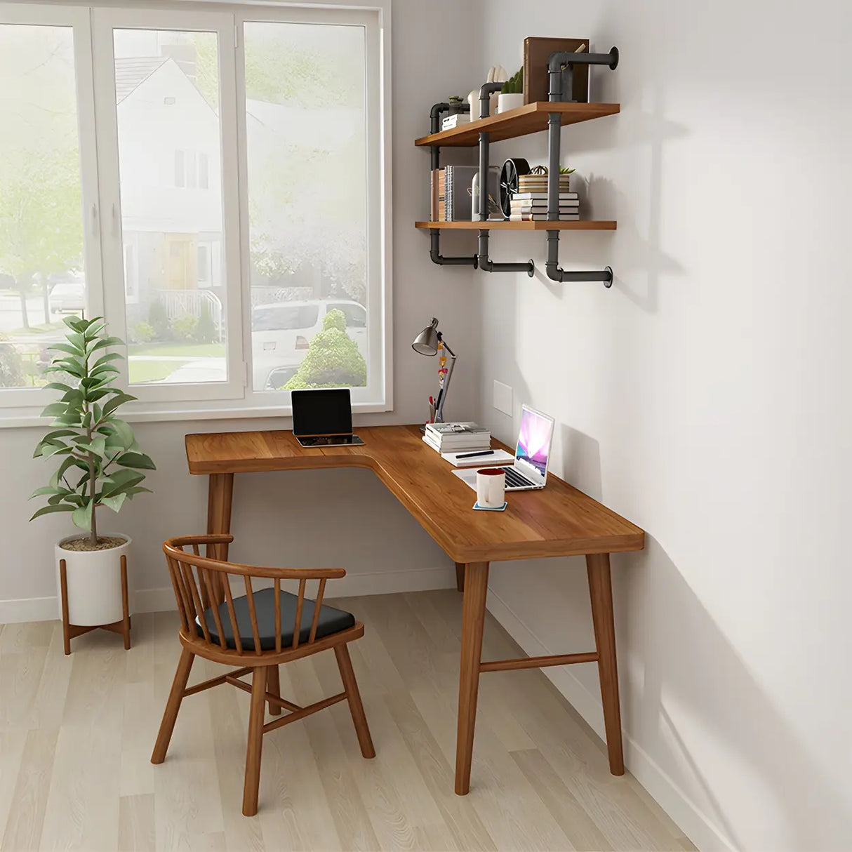 Brown L-Shape Pine Wood H-Shaped Base Writing Desk Image - 13