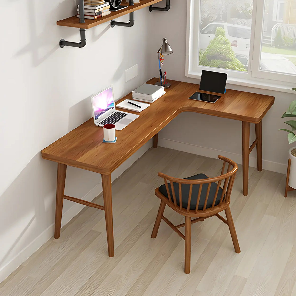 Brown L-Shape Pine Wood H-Shaped Base Writing Desk Image - 14