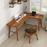 Brown L-Shape Pine Wood H-Shaped Base Writing Desk Image - 14