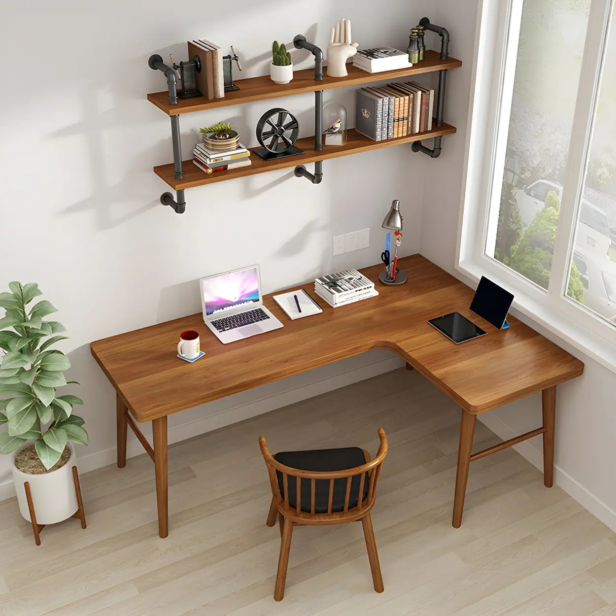 Brown L-Shape Pine Wood H-Shaped Base Writing Desk Image - 15