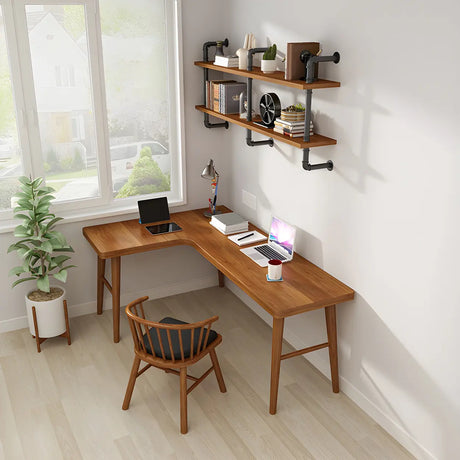 Brown L-Shape Pine Wood H-Shaped Base Writing Desk Image - 2