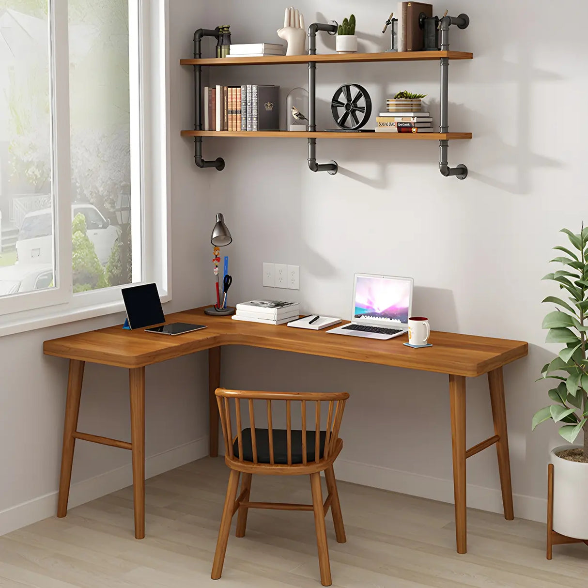 Brown L-Shape Pine Wood H-Shaped Base Writing Desk Image - 3