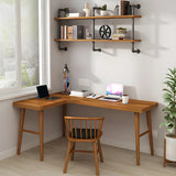 Brown L-Shape Pine Wood H-Shaped Base Writing Desk Image - 3