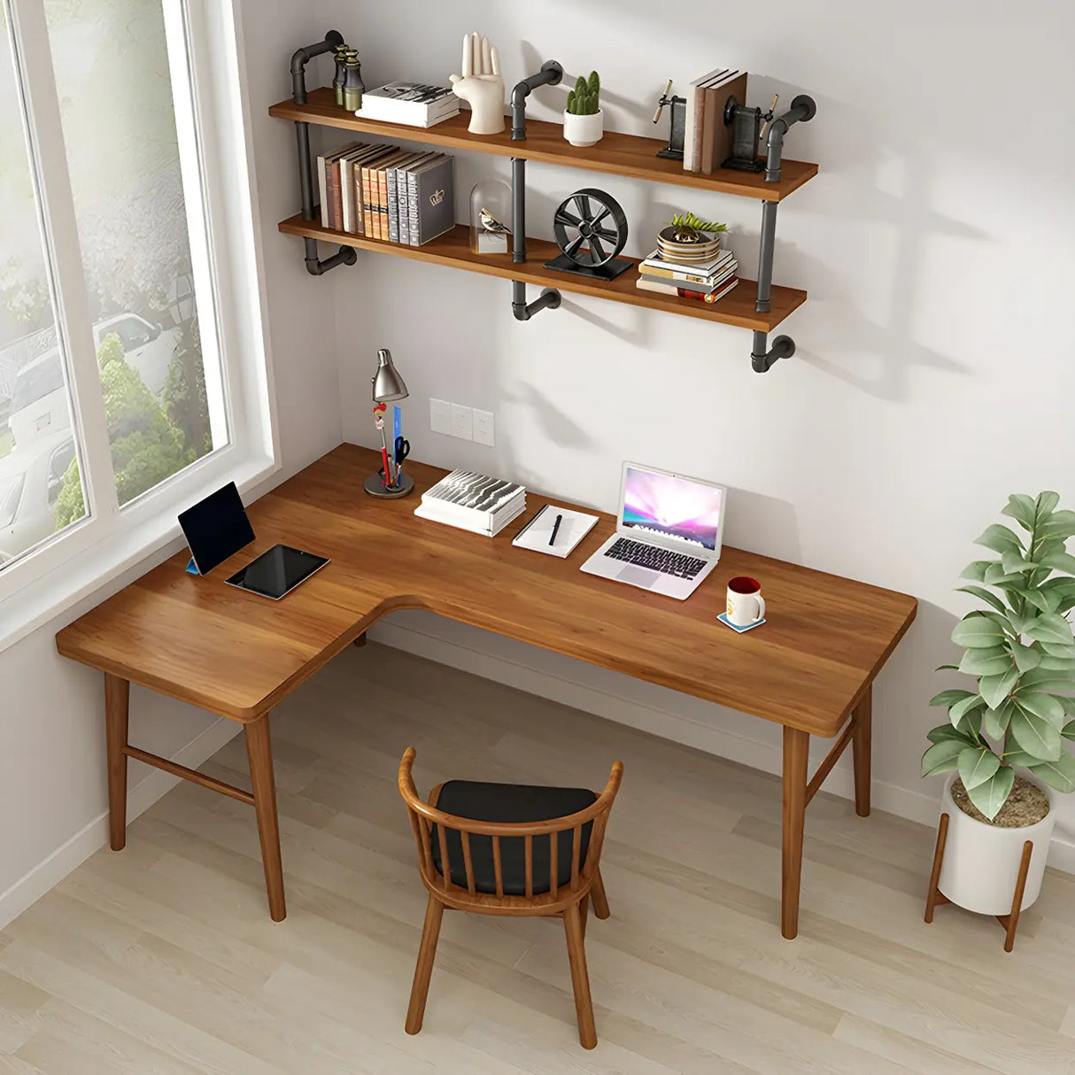 Brown L-Shape Pine Wood H-Shaped Base Writing Desk Image - 4