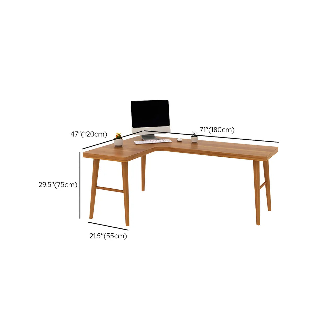Brown L-Shape Pine Wood H-Shaped Base Writing Desk Image - 40