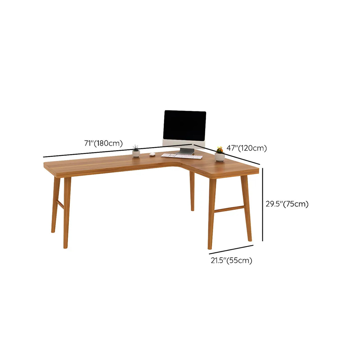 Brown L-Shape Pine Wood H-Shaped Base Writing Desk Image - 41