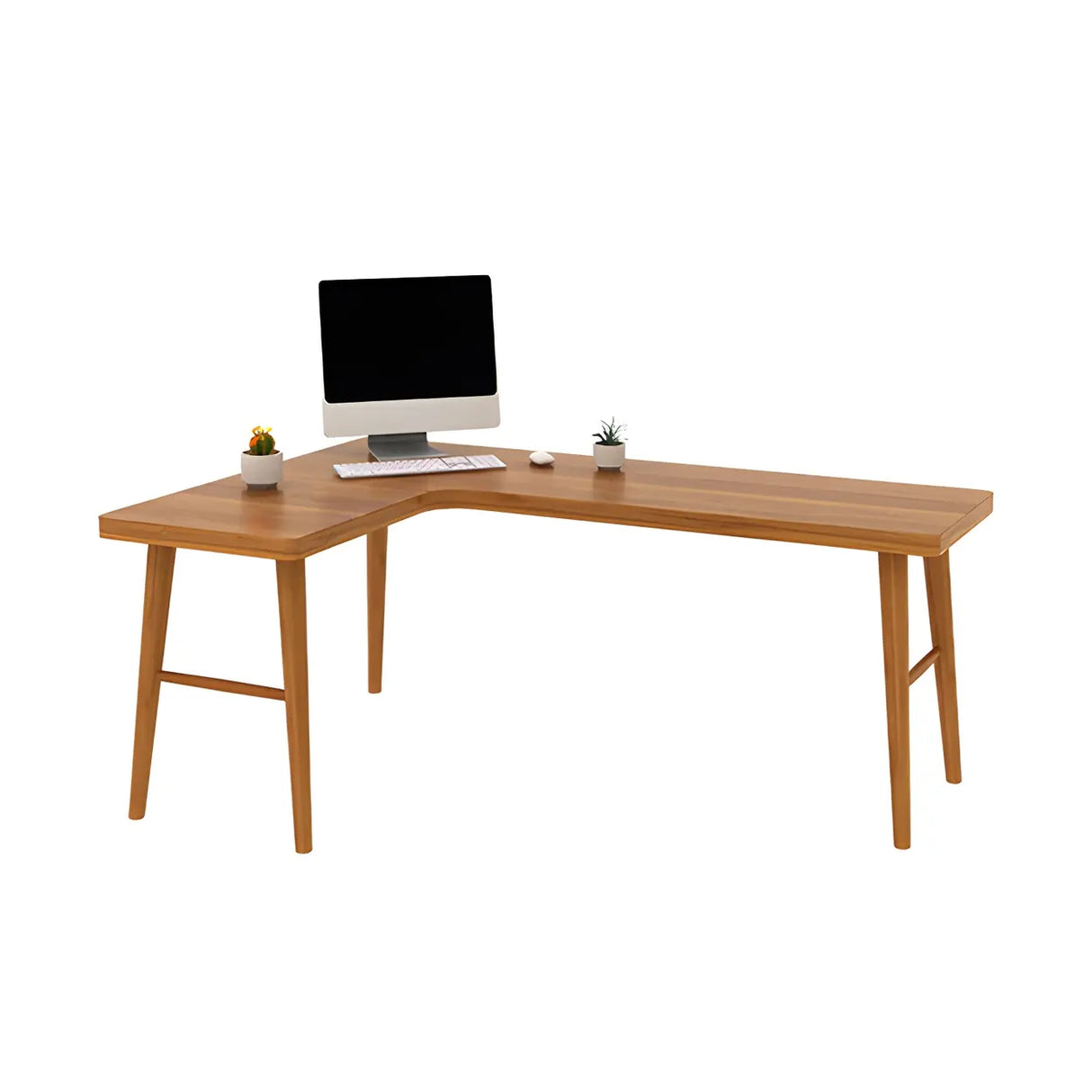 Brown L-Shape Pine Wood H-Shaped Base Writing Desk Image - 5
