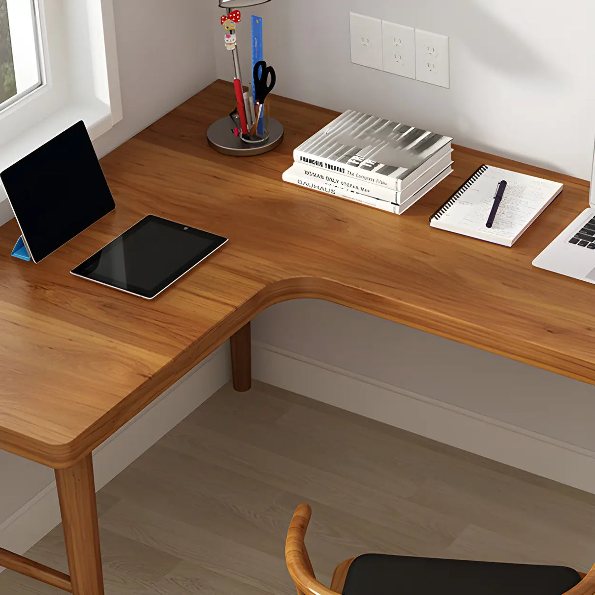 Brown L-Shape Pine Wood H-Shaped Base Writing Desk Image - 6