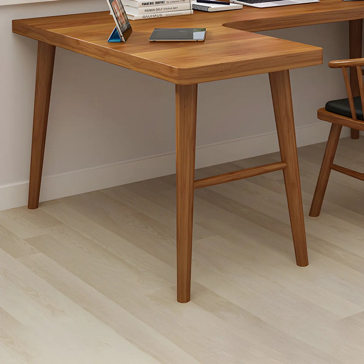 Brown L-Shape Pine Wood H-Shaped Base Writing Desk Image - 8