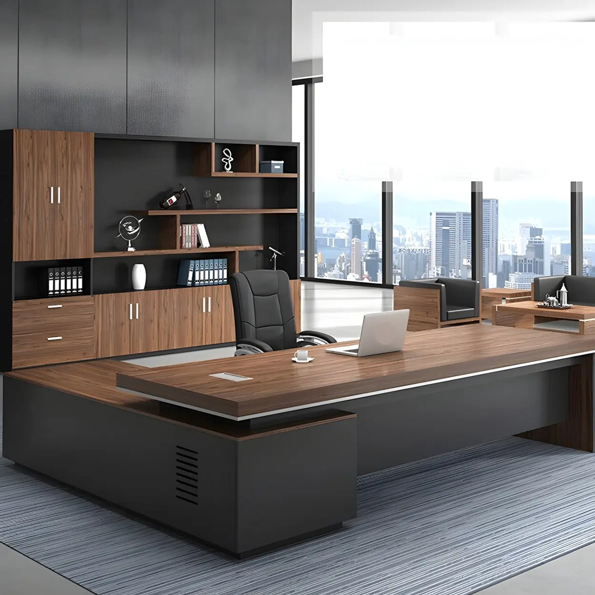 Brown L-Shape Wood Sled Executive Desk with Drawers Image - 1