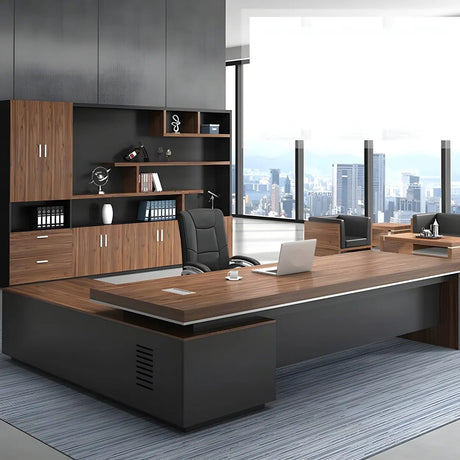 Brown L-Shape Wood Sled Executive Desk with Drawers Image - 1