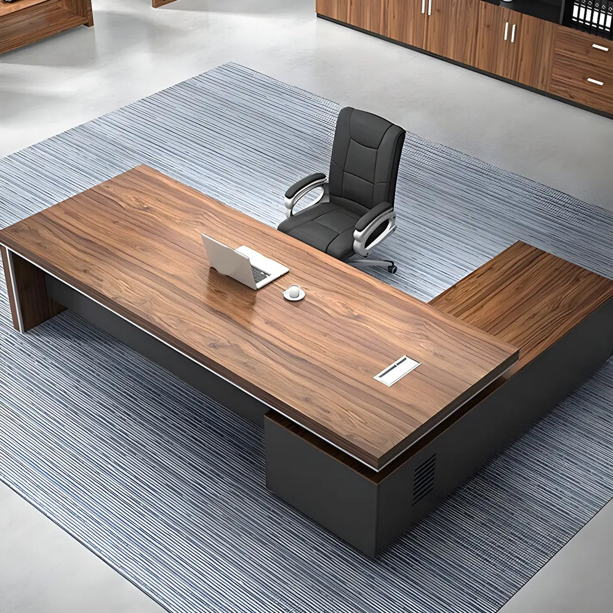 Brown L-Shape Wood Sled Executive Desk with Drawers Image - 10