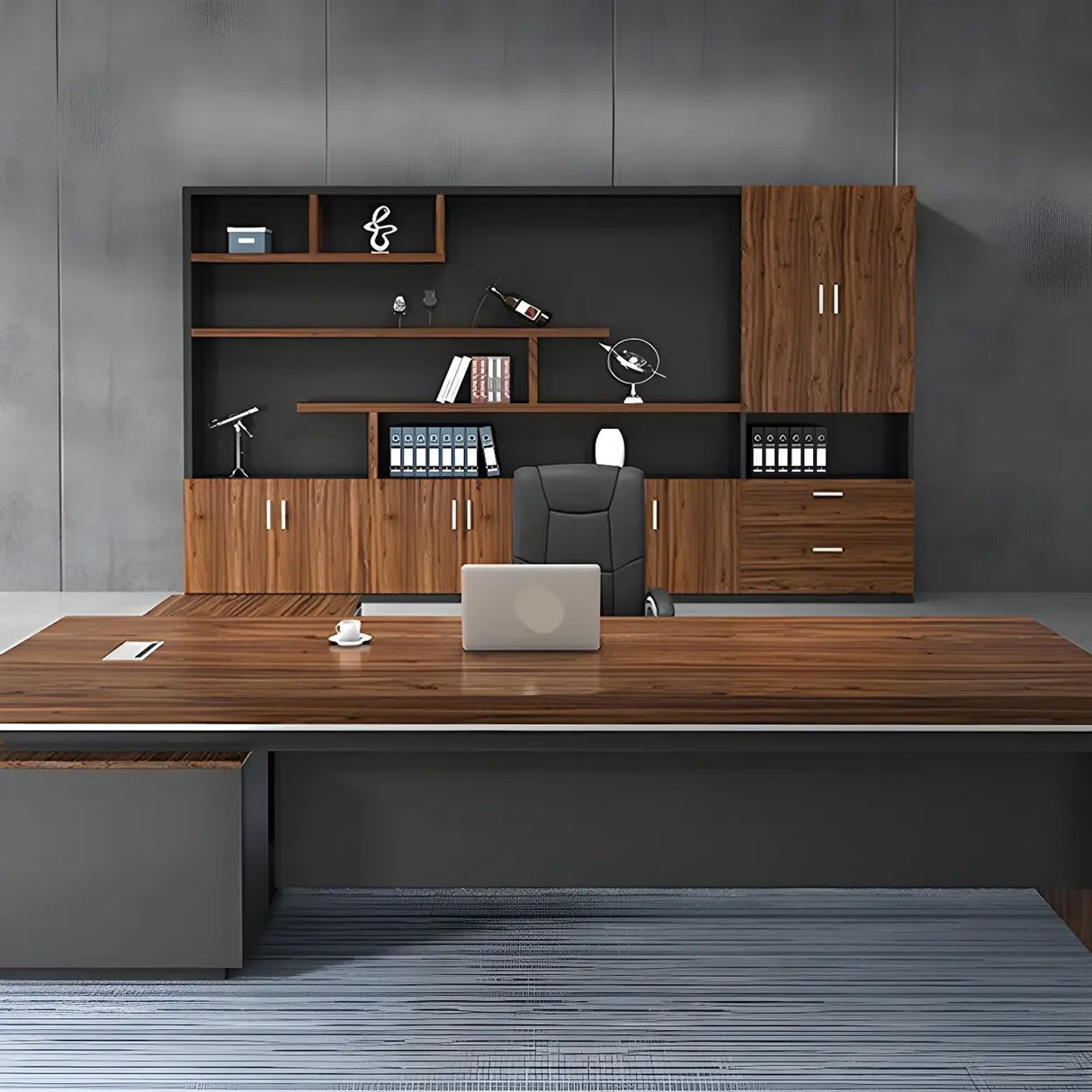 Brown L-Shape Wood Sled Executive Desk with Drawers Image - 5
