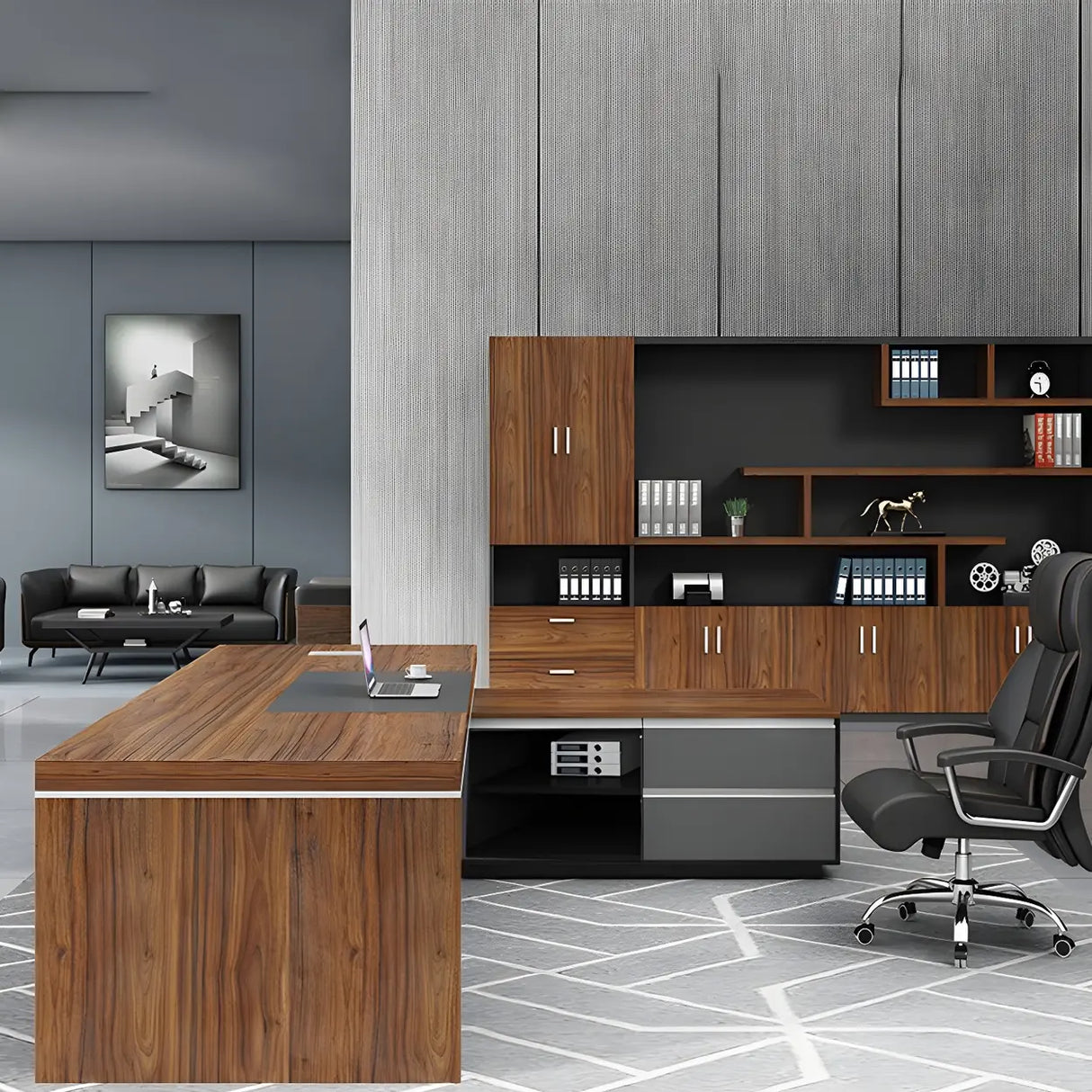 Brown L-Shape Wood Sled Executive Desk with Drawers Image - 6