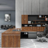 Brown L-Shape Wood Sled Executive Desk with Drawers Image - 6