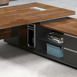 Brown L-Shape Wood Sled Executive Desk with Drawers Image - 8