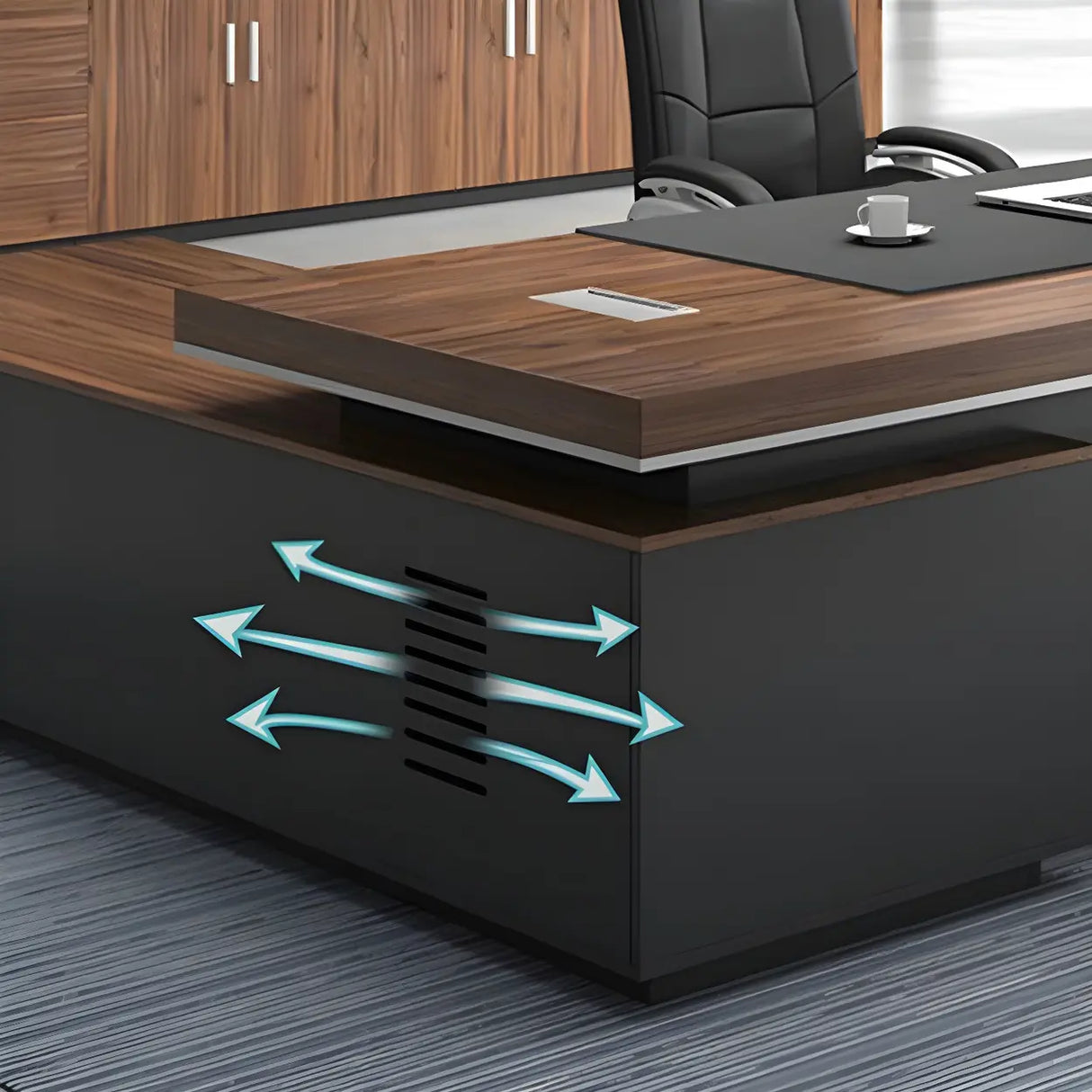 Brown L-Shape Wood Sled Executive Desk with Drawers Image - 9