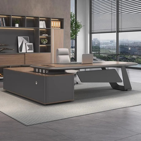 Brown L-Shaped Long Wooden Computer Desk with Shelves Image - 1